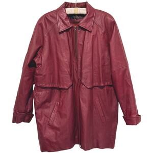 Vintage Phase Two Red Leather Trench Coat 2X 90s Y2K Grunge Retro Biker Edgy